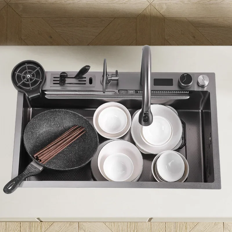 Fregadero de cascada de acero inoxidable 304 para cocina, grifo grande de una sola ranura con toque multifunción, sobre la encimera