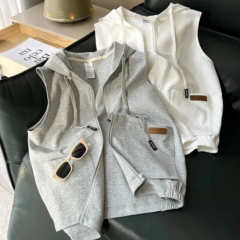 Vest Female Spring Autumn Sports Leisure Solid Outside Wear Waistcoat Women\'s Hooded Cardigan Sleeveless Hoodie Coat Fashion