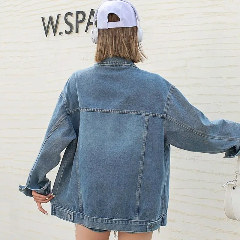 Streetwear Denim Jacket Women's Loose Large Size Women's Beaded Pearls Coat Female Student Black Blue Jacket