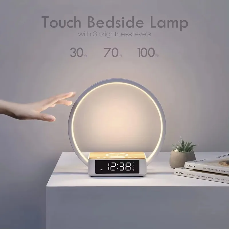 

Bedside Lamp Touch Table Lamp Wireless Charger Nightstand Lamp Clock Wake-Up Light 3 Levels Brightness LED Night Light Bedroom