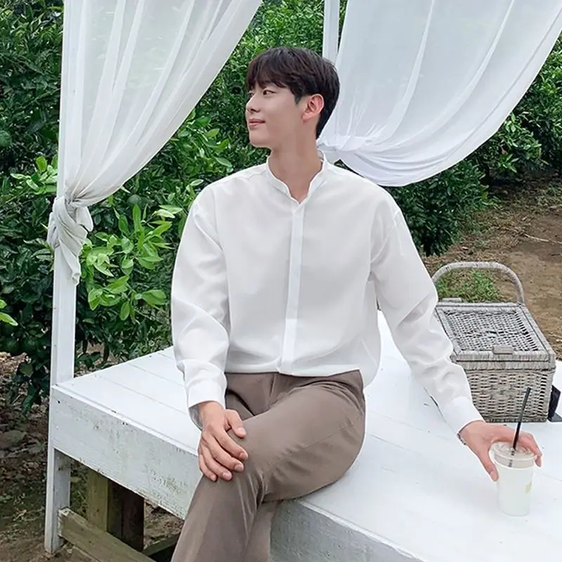 High-end Gray-blue Stand-up Collar Shirt for Men Very Elegant Drapey Korean Style Spring Autumn Casual Shirt with Mature Style.