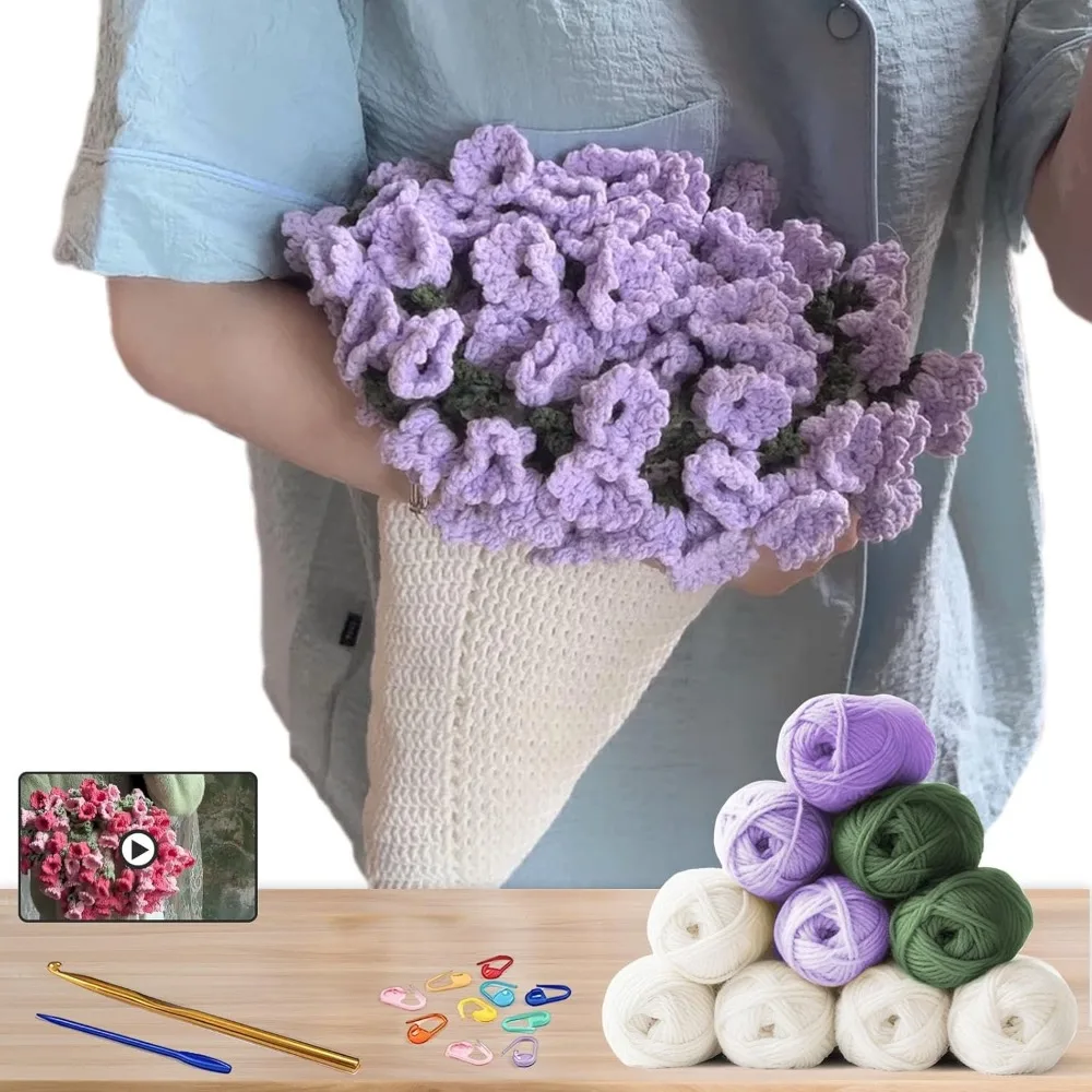Beginner Crochet Kit – DIY Floral Blanket with Hook, Pattern & Step-by-Step Video Tutorial, Easy Craft Gift for Women, Christma