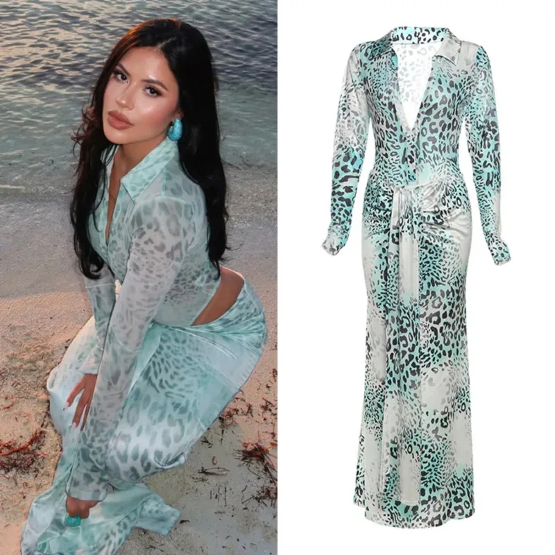 

Women's Leopard Mesh 2 Piece Set See Through Bodysuit And Ruched Tie Maxi Skirt Y2K Sexy Vacation Beachwear Club Party Outfits