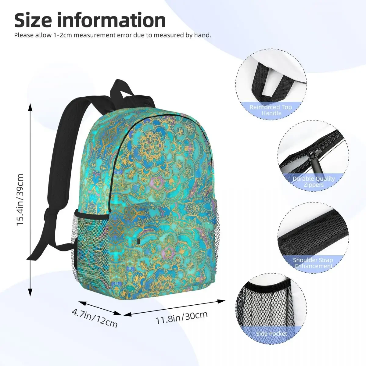 Sapphire & Jade Stained Glass Mandalas Backpacks Boys Girls Bookbag Cartoon Students School Bags Travel Rucksack Shoulder Bag