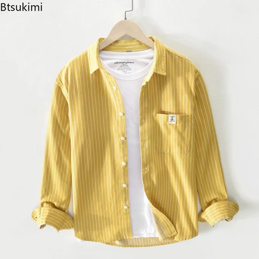 Classic Striped Versatile Casual Long Sleeve Shirts Spring Men's Single Breasted Loose Cardigan Cozy 100% Cotton Shirt Coat Male