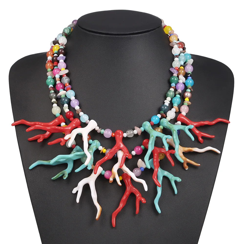 Creative Multi Layer Glass Bead Coral Antlers Shaped Necklace Woman Fashion Accessories Necklace Party