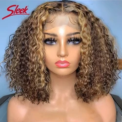Peruca de cabelo brasileira profunda de Bob encaracolado, parte dianteira do laço HD, Remy transparente, cor marrom avermelhada, cor escura, destaque, P4, 27