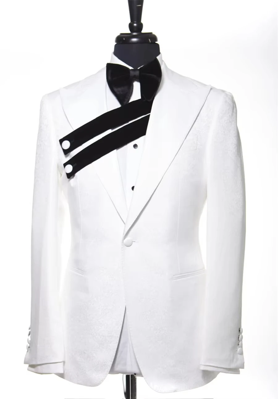 White Black Splicing Men's Suits Patchwork Peak Lapel Wedding Groom Tuxedo jacket+pants