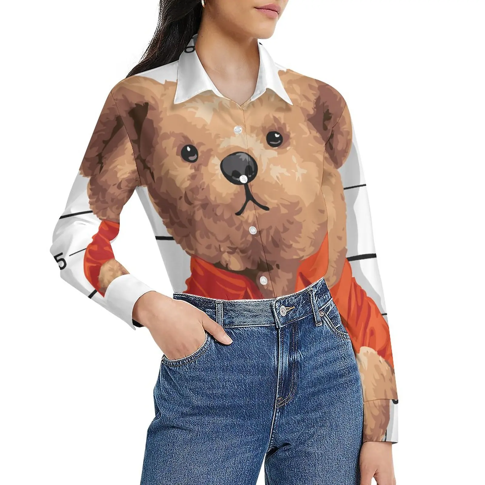 Cartoon Bear Loose Blouse Cute Criminal Arrested Street Fashion Oversized Blouses Women Long-Sleeve Office Shirts Graphic Top