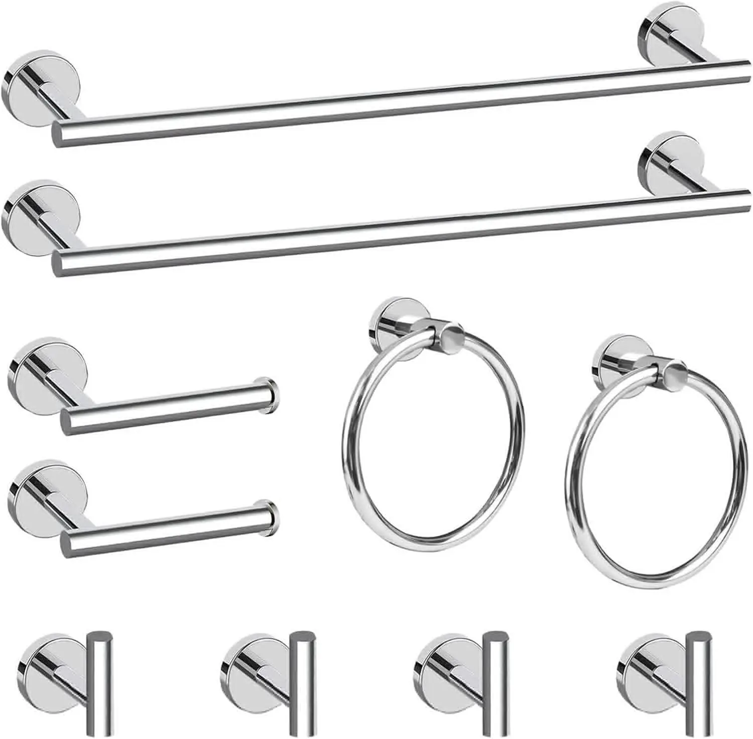 

10-Piece Chrome Bathroom Accessories Set with 24-Inch Towel Bar, Toilet Paper Holder, and Robe Hook in Stainless Steel