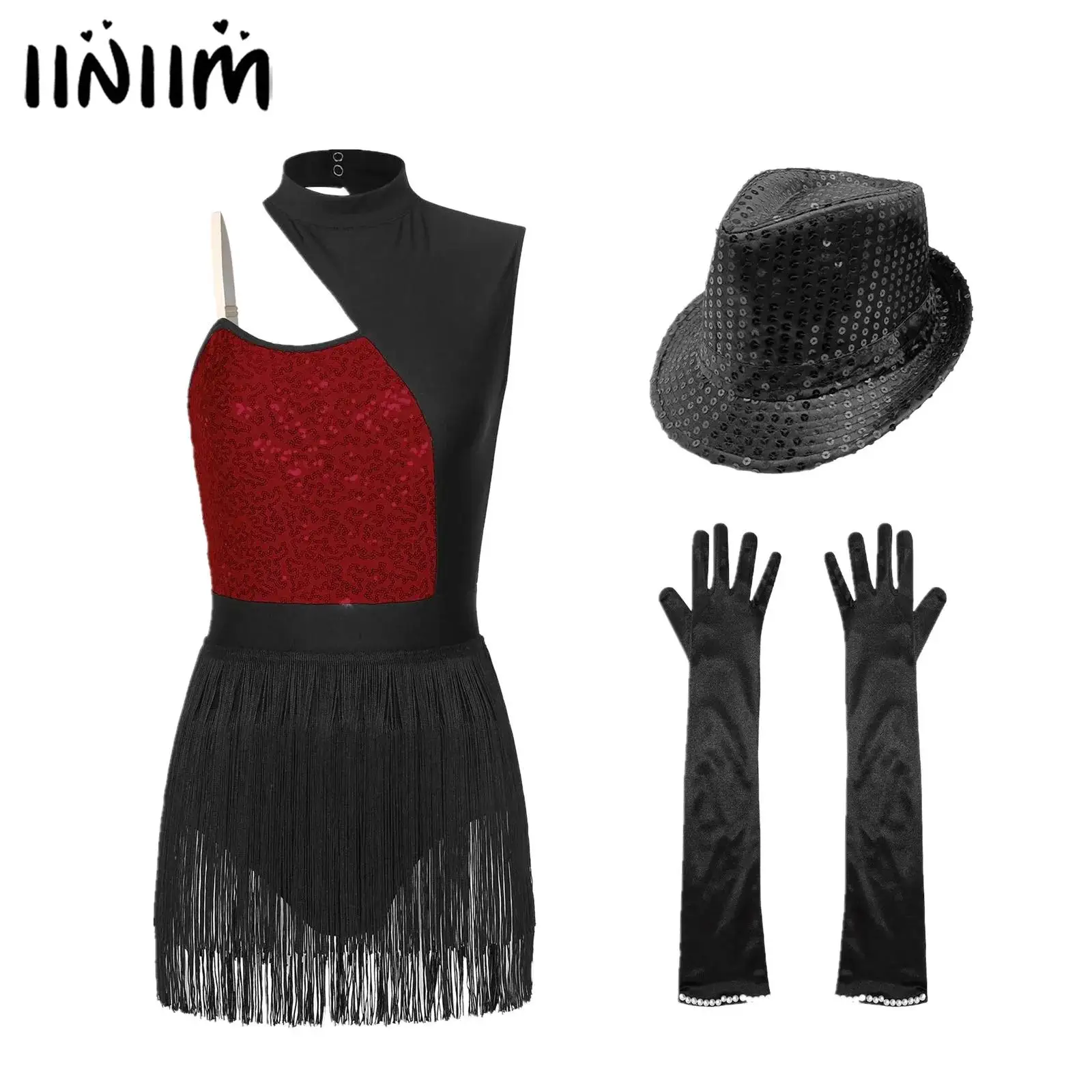 

Womens Latin Jazz Latin Dance Performance Leotard Costume Ballet Dance Outfit Shiny Sequins Fringed Bodysuit with Gloves Hat