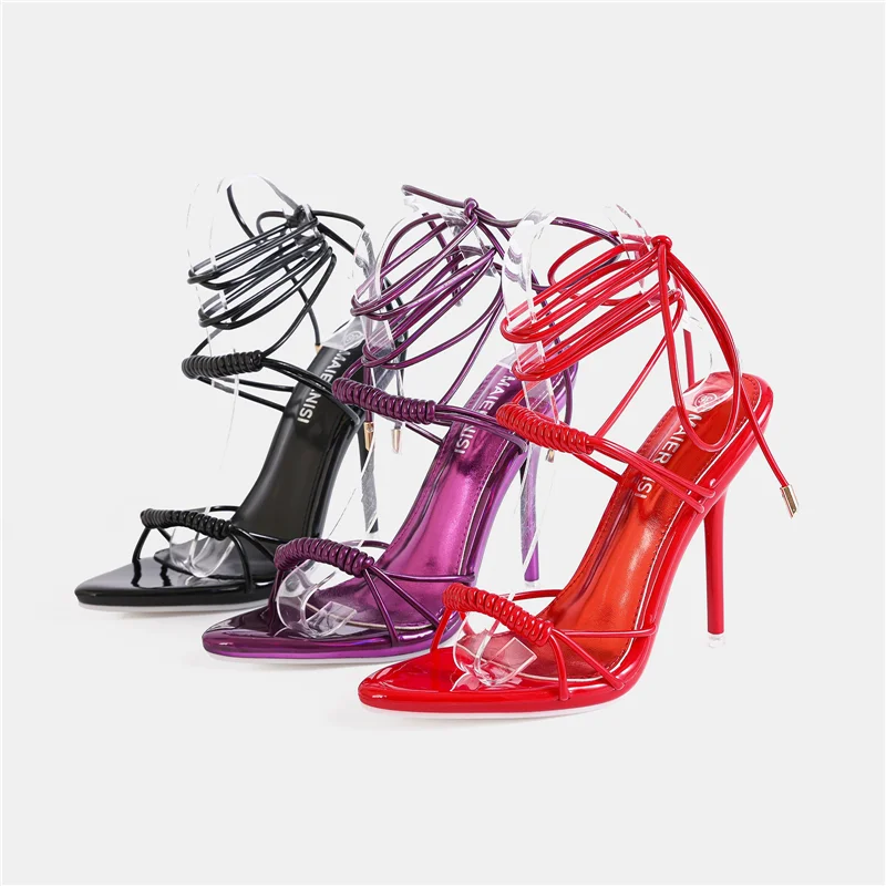 Summer new round toe exposed toe PU leg ring strap sexy sandals party dress large size slim heel high-heeled women's shoes
