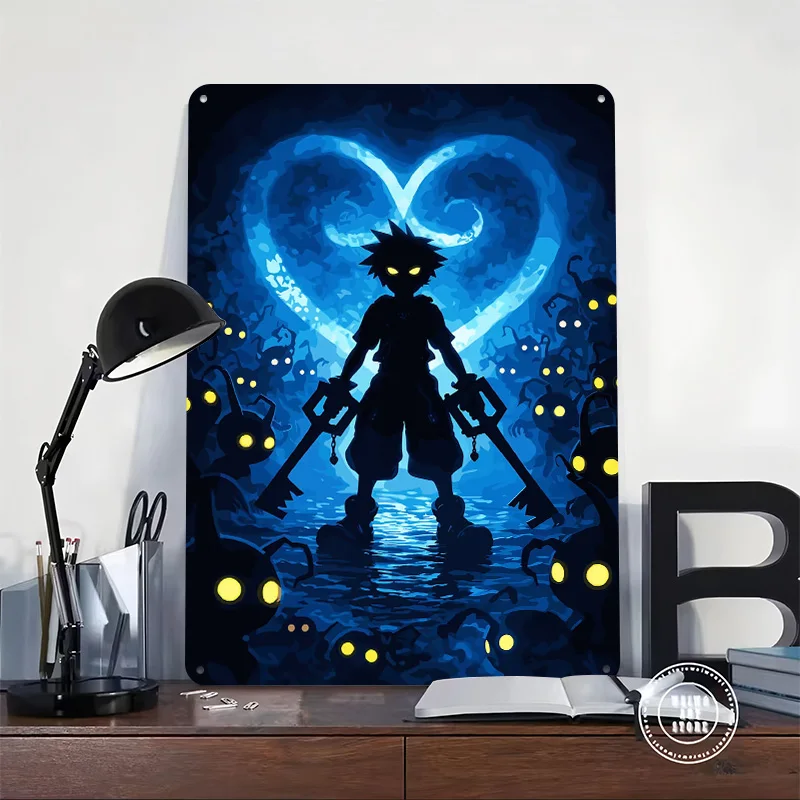 Kingdom Hearts Sora Silhouette Poster Retro 3D Printed Metal Signs Customized Wall Hanging Gift for Office Decor Room Tin Sign