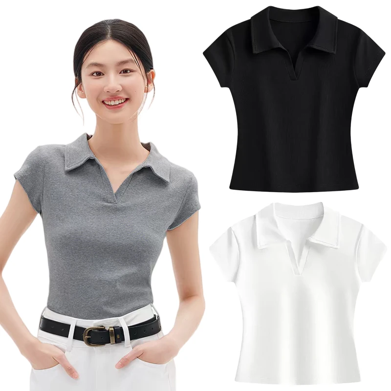 Women's Summer Korean Style Slim Fit Cropped Polo Shirt,Short Sleeve V Neck Ribbed Knit Crop Top,Casual Form Fitted Crop Tee