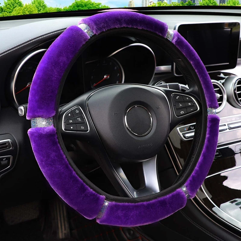 Auto Lenkrad Abdeckung Schalthebel Handbremse Abdeckung Schutz Dekoration Warme Weiche Plüsch Strass Schwarz Rosa Frauen Mann – Detail 13