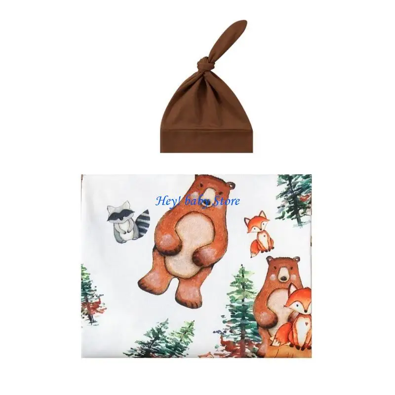 

Q1FE 1 Set Print Newborn Baby Swaddles Towel Receiving Blanket with Beanie Hat