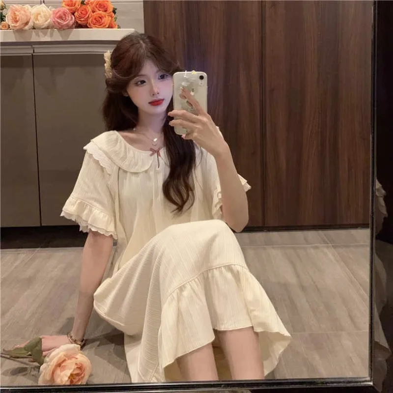 Damen Sommer Casual Mode Pyjama-Kleid Locker Sitzend mit Brustpolster Niedliche Spitze Homewear Mädchen Knielange Schleifen-Nachthemd Loungewear