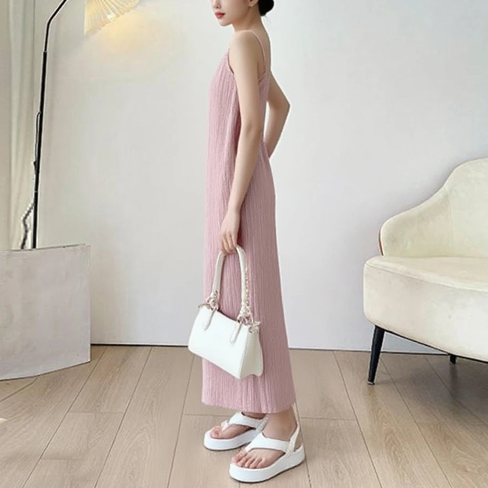 

White Black Pleated Elastic Knit Strap Midi Dress Women Purple Retro Evening Dresses Sleeveless A-Line Straight Holiday Dress