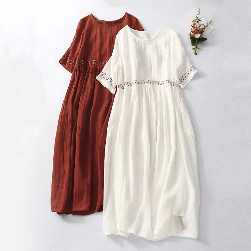 

2024 Summer New Round Neck Short Sleeved Cotton Hemp Women Dress Vintage Loose Embroidered Ramie Large Hem Female Long Dresses