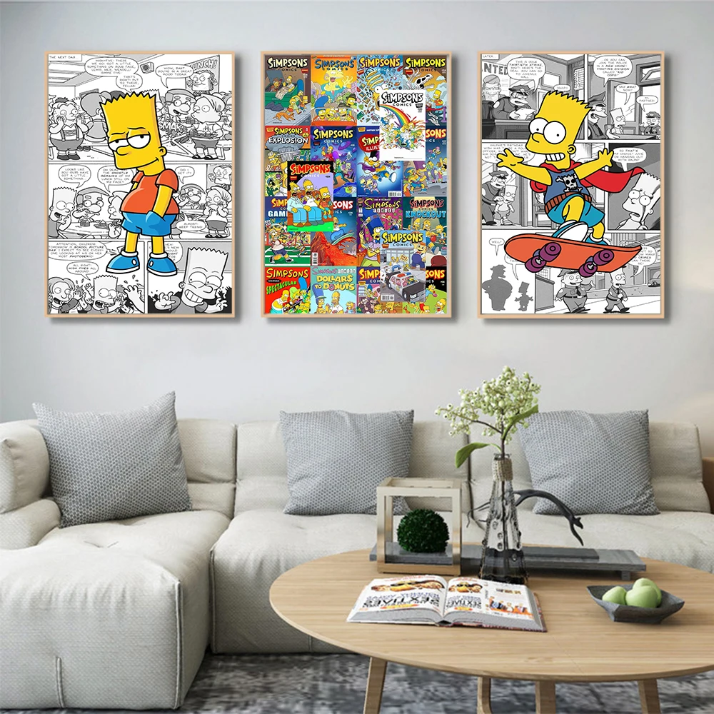 Disney-tira de cómic de Los Simpsons Bart, tres juegos de carteles, arte de pared, póster de lienzo de cómic, decoración de habitación de niños, regalo