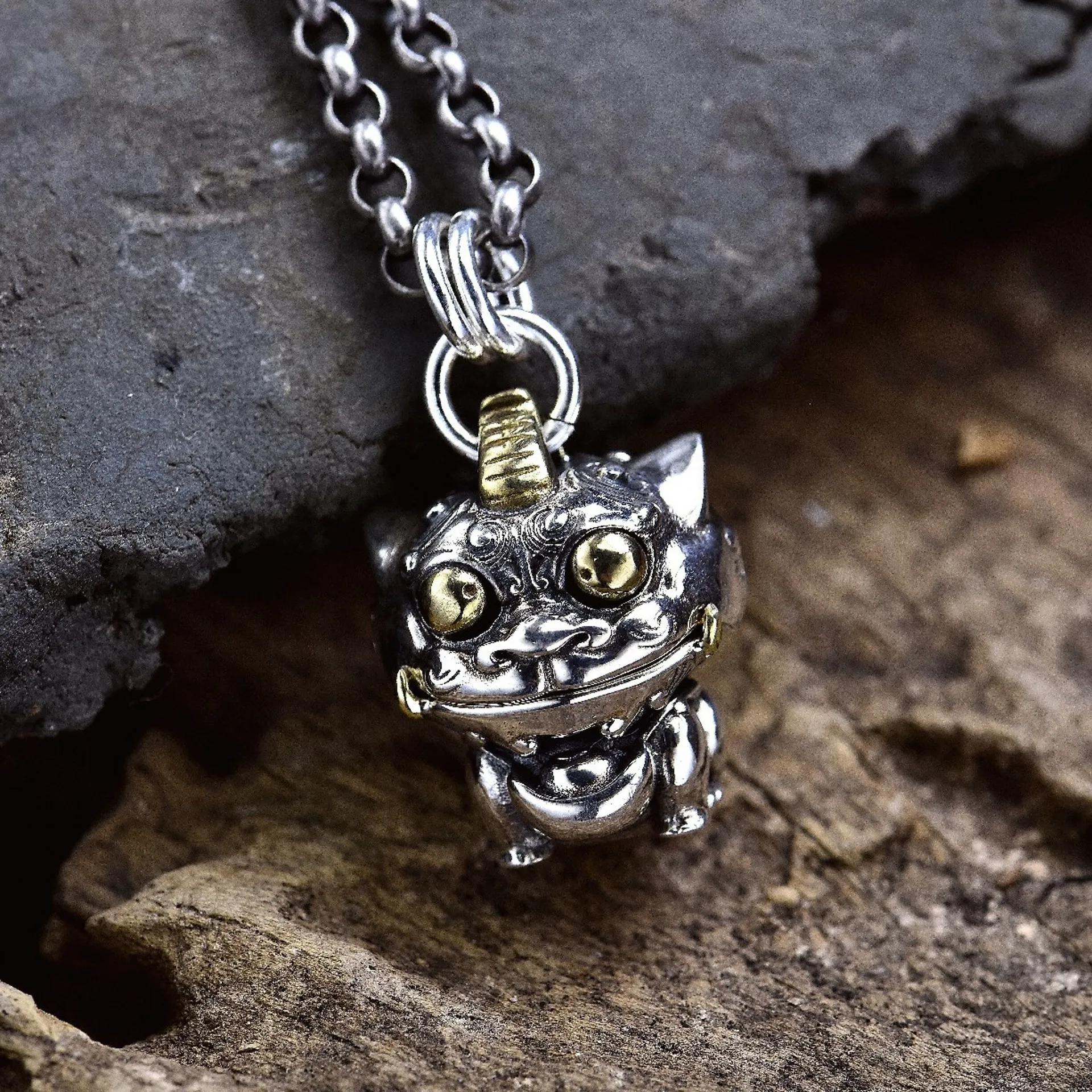 BOCAI NEW S925 Silver Fashionable And Versatile Gold Swallowing Beast Chest Ingot Women's Pendant