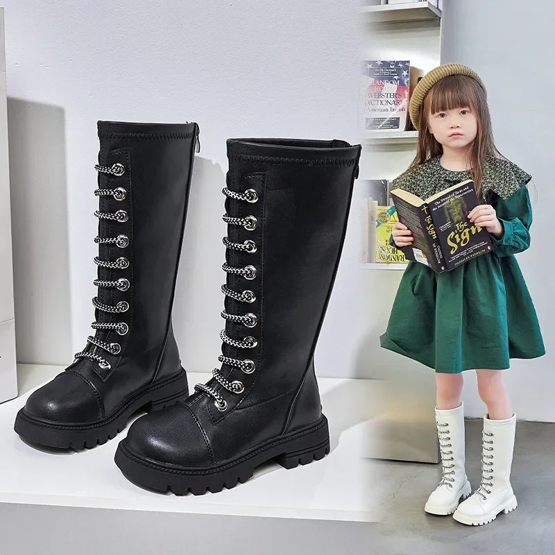 Girls Long Boots Black Knee-high Autumn Winter Children High Boots Zipper Fashion 2024 New Kids Motorcycle Boots