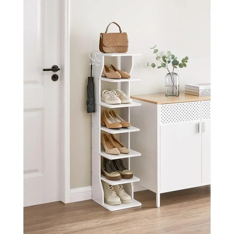 

Vertical Shoe Rack, Narrow Shoe Storage Organizer with Hooks Slim Wooden Corner Shoe Tower Rack Robust and Durable