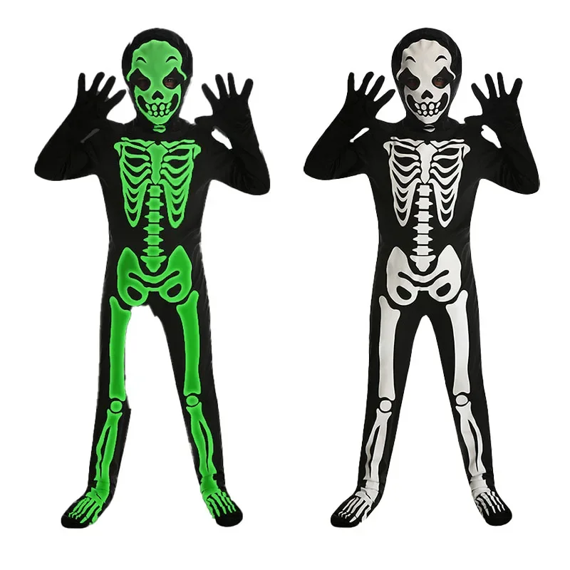 Kids Halloween Skeleton Costume for Boys and Girls Glow in the Dark Skeleton Jumpsuit Stage Performance Bodysuit Costumes