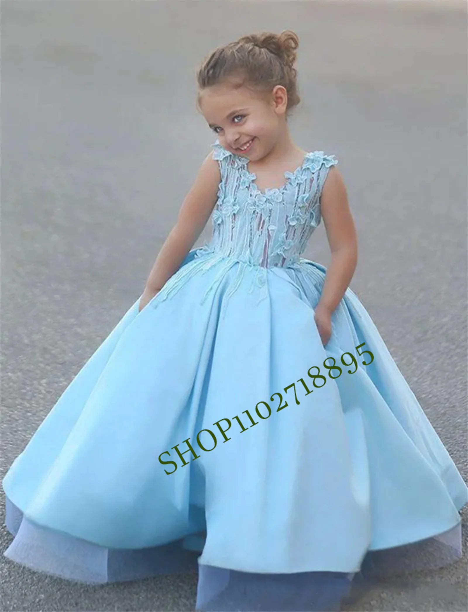 Newest Flowers Straps A-line Flower Girl Dresses Blue V Neck Ball Gown For Weddings Vestido De Festa Infantil Menina Luxo