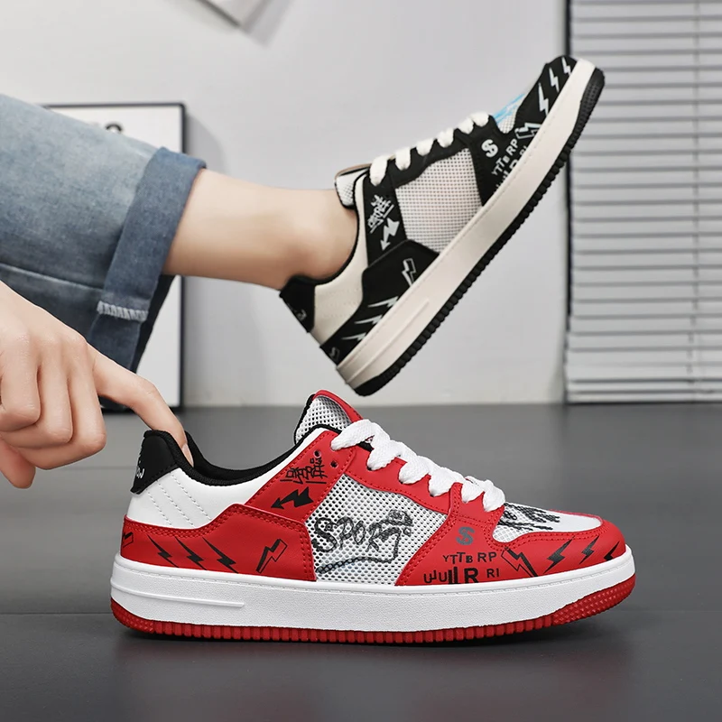 Markowy projektant czerwony męski buty na deskorolkę moda Anime trampki męskie skórzane na co dzień Sneaker męskie Hip Hop buty na zewnątrz