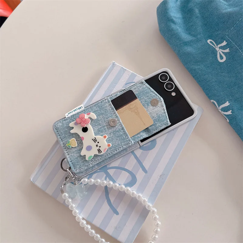 Джинсовый чехол для телефона Kawaii Cat Puppy Card Bag для Samsung Galaxy Z Flip 7 6 5 Flip6 Flip5 с цепочкой, милые чехлы ZFlip7 Funda