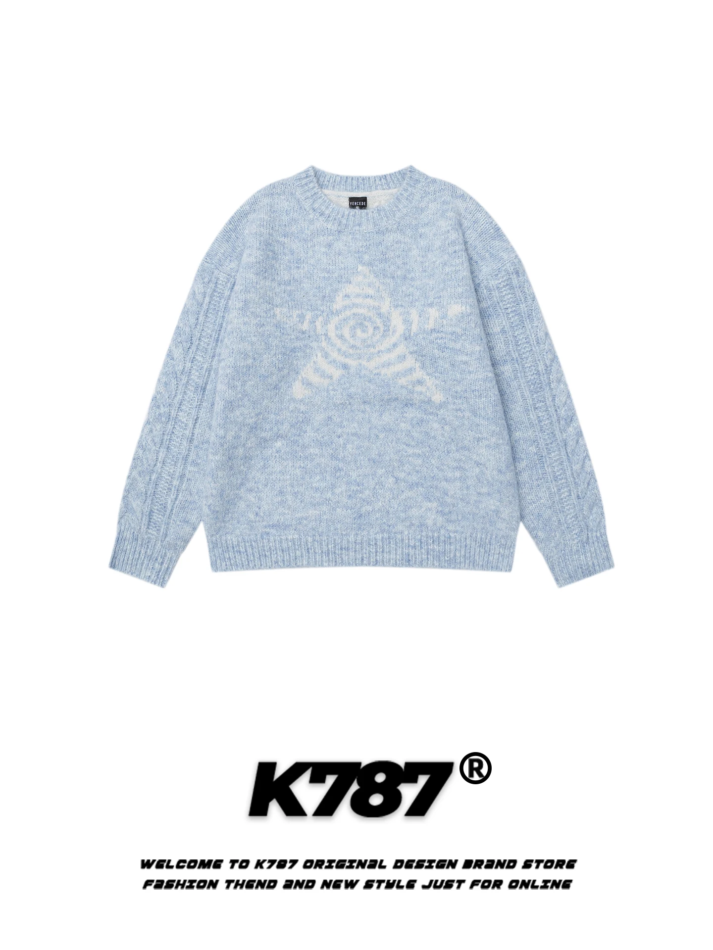 

Американский ретро-свитер с вышивкой звезд, свободный повседневный женский вязаный свитер, теплый, с цветными блоками, длинными рукавами и круглым вырезом