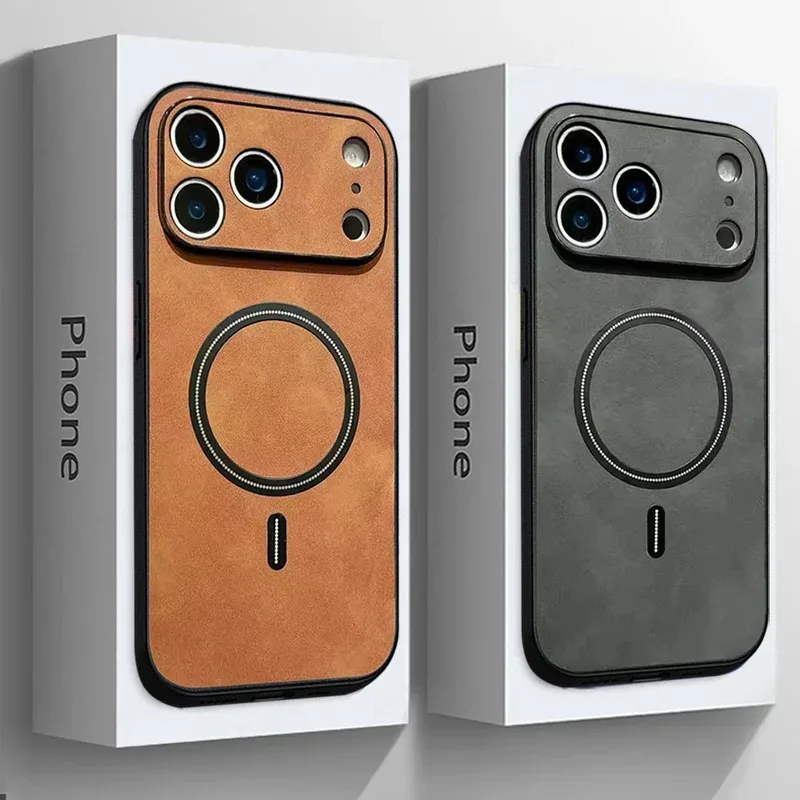 Luxus Leder Für Magsafe Stoßfest Telefon Fall Für iPhone 17 16 15 14 13 12 11 Pro Max Magnetische Drahtlose Lade Zurück Abdeckung