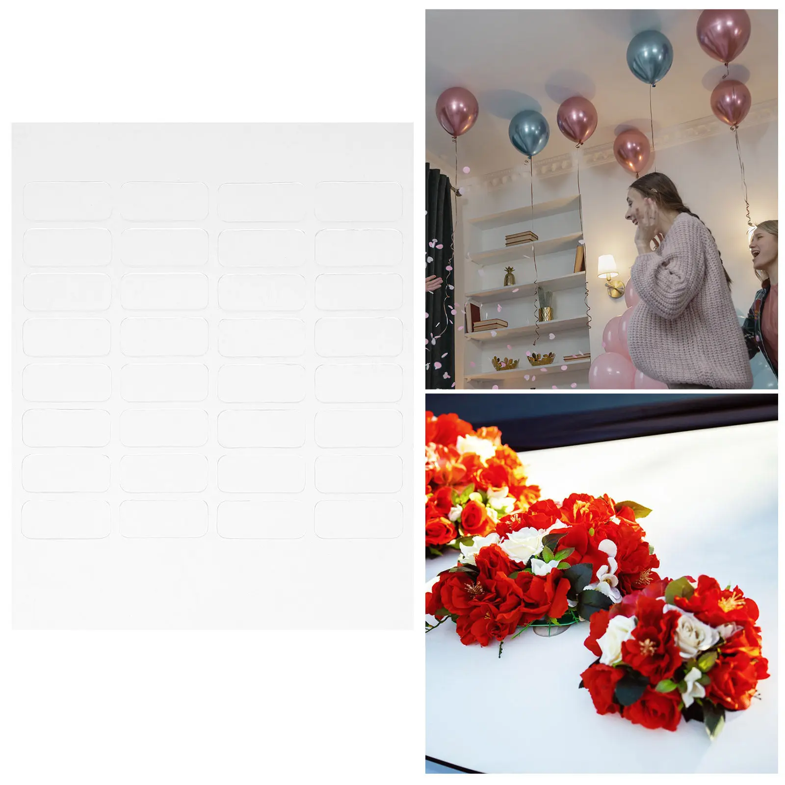 64Pcs Clear Rectangle Double Sided Tape Adhesive Stickers Strong Acrylic Backing Easy Peel Reusable for Balloons Decorations