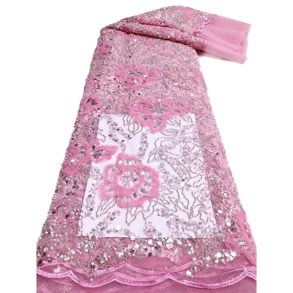 Tessuto africano con paillettes Ricamo da sposo di alta qualità con perline Materiale di pizzo tulle francese nigeriano per abiti da sposa Caldo