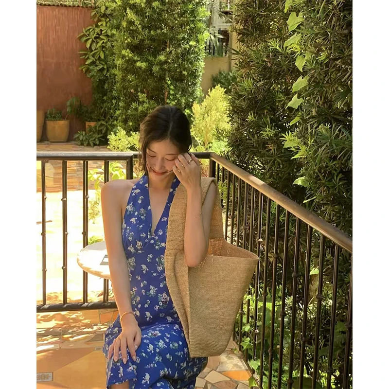 Vintage Floral Midi Dress Women Boho Vacation Beach Sexy Backless Bandage Dresses Summer Elegant Korean V Neck Bodycon Vestidos