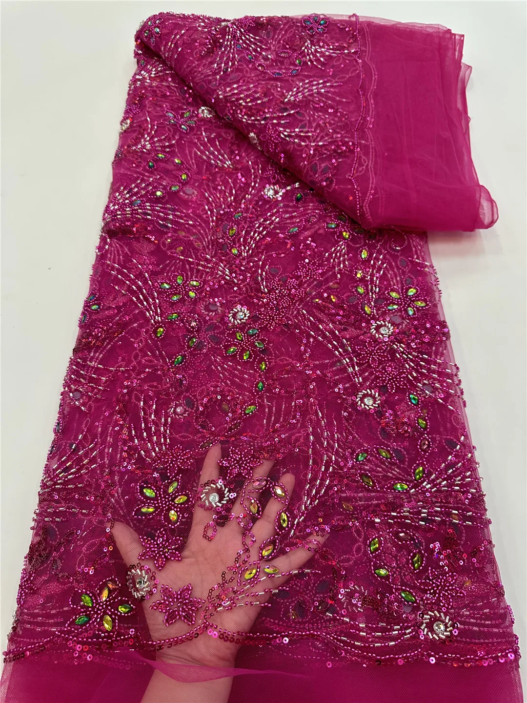 

Luxury Sequins Lace Fabric 2026 High Quality French African Net Beaded Lace Fabric Nigerian Embroidery Fabric For Wedding Party