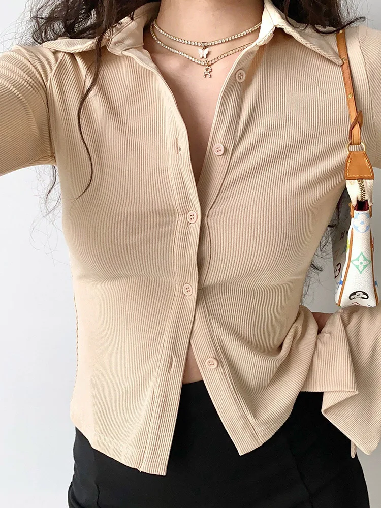 Polo Blouses Women Fashion Lapel Button Up Shirt Female Autumn Flared Long Sleeve Shirt Ladies Casual Slim Short Solid Color Top