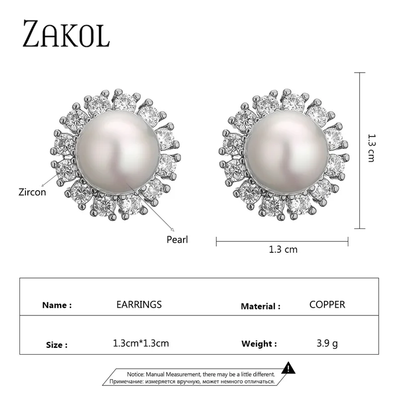 ZAKOL Vintage Green Cubic Zircon Flower Stud Earrings for Elegant Women Fashion Imitation Pearl Wedding Party Birthday Jewelry