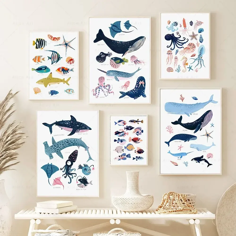 Shells Starfish Fish Whale Octopus Crab Poster Watercolor Sea Life Canvas Painting Education Prints Picture Room Home Wall Decor