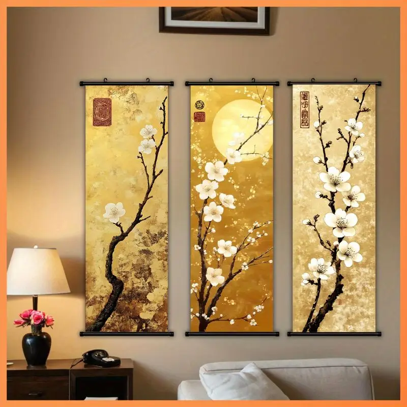 VIKAMA Golden Plum Branch Wall Tapestry Full Moon Stamp Chinese Luxury Scroll Art Home Decor Vintage Style Soft Durable Cozy