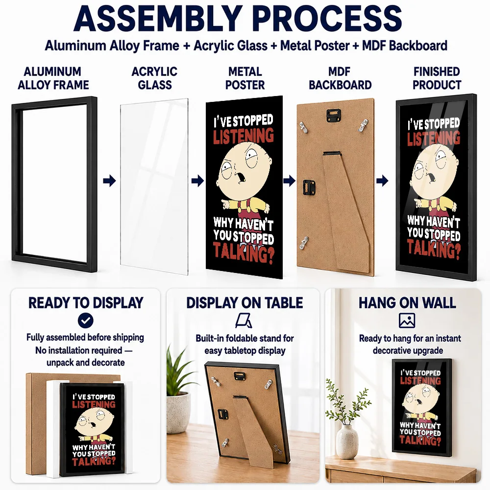 Stewie Griffin I've Stopped Listening Framed Metal Poster Personalized Photo Playful Typography Style Wall Art For Living Room