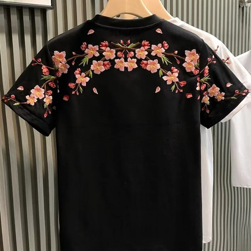 Summer Fashion Plum Embroidery Luxury Men Cotton Short Sleeve T-Shirt, Breathable Niche Outdoor Sports Casual Half Sleeve Top