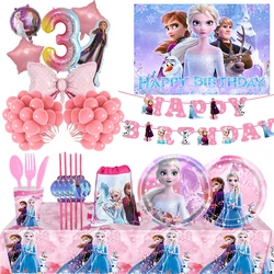 Disney Elsa Frozen Birthday Decorations Tableware Set Party Supplies Tablecloth Backdrop Frozen Balloons Set Kids Party Favors