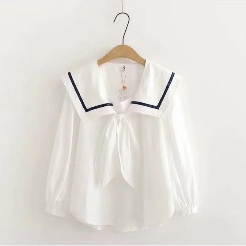 Sailor Collar Contrast Color Stripe Women Clothing Blouses Bandage Chic Bowknot Short Sleeve Shirts Blusas Mujer De Moda 2024