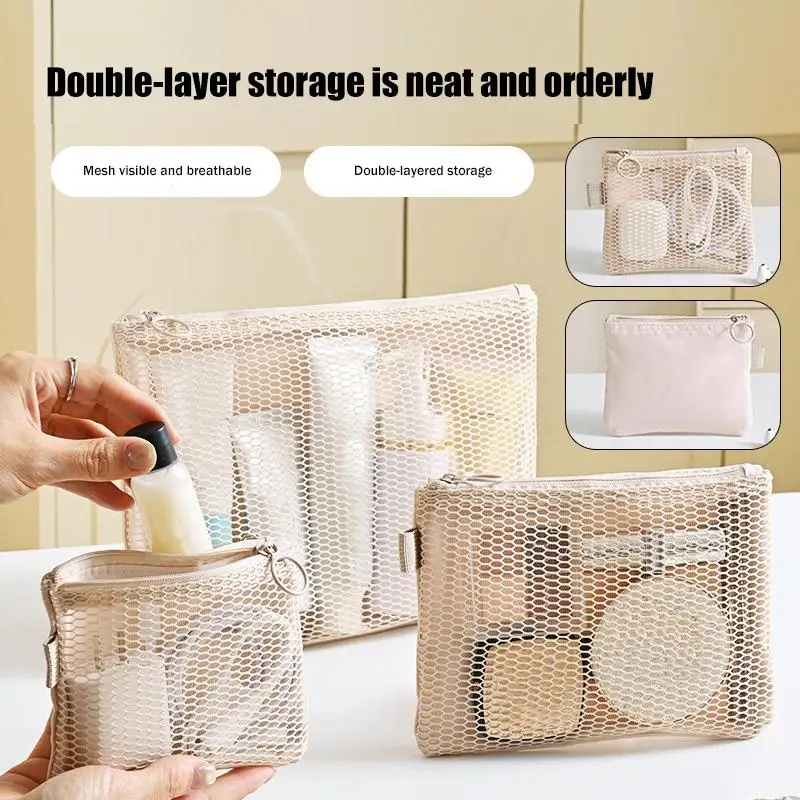 【xxx】Travel Makeup Storage Bags Mesh Coin Purse Simple  Mini Bag Multi-purpose Square Bag Double-layer Zipper Card Holder[S14]