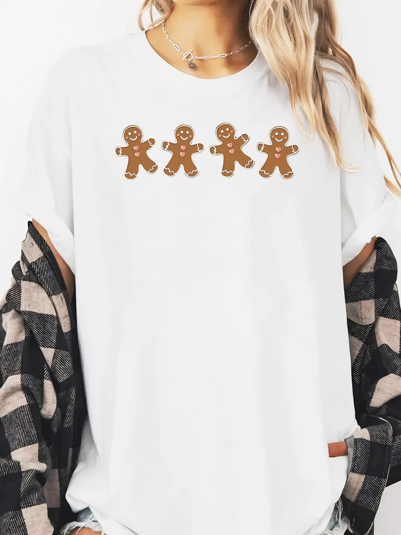 

Gingerbread Men Print Christmas T-Shirt Women Casual Holiday Wear White Plus-size