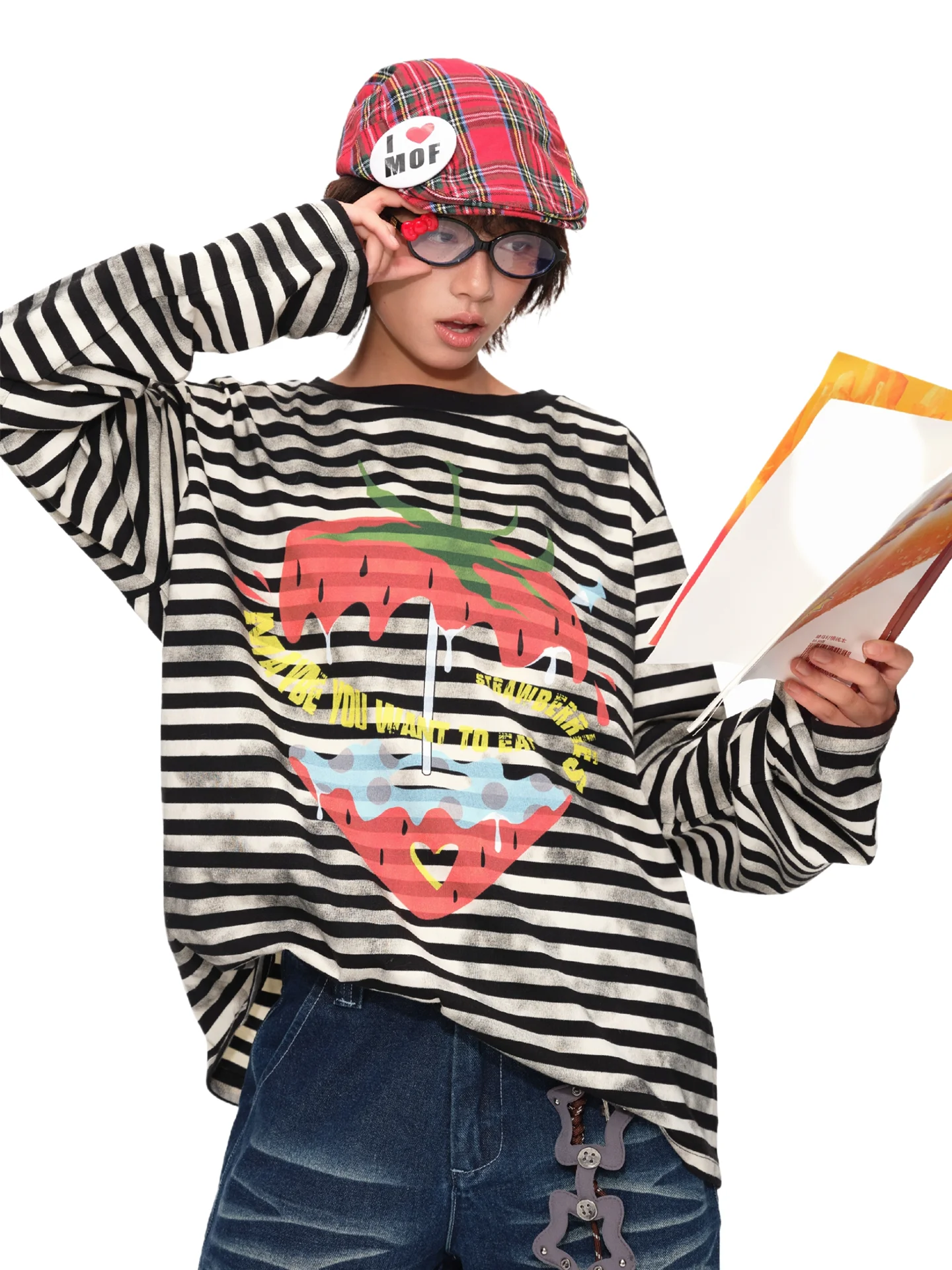 

Винтажная футболка с принтом Stberry, длинный рукав, свободный крой, хлопок/полиэстер, повседневный стиль, полосатый узор