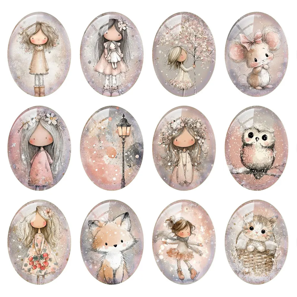 Random Mixed Round/Oval/Square Pink Christmas Child Fox Cat Owl Photo Glass Cabochon Flatback Demo Cameo For Diy Jewelry Making