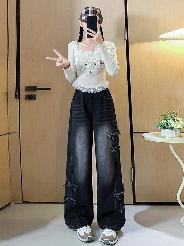 

Женские джинсы большого размера в американском ретро-стиле с флисовой подкладкой, высокой талией, эффектом похудения, драпировкой, пэчворком, свободного прямого кроя